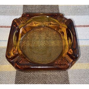 Vintage MCM Amber Thick Glass Ashtray 3.5” X 3.5”‎ X 1.25” Indian Glass